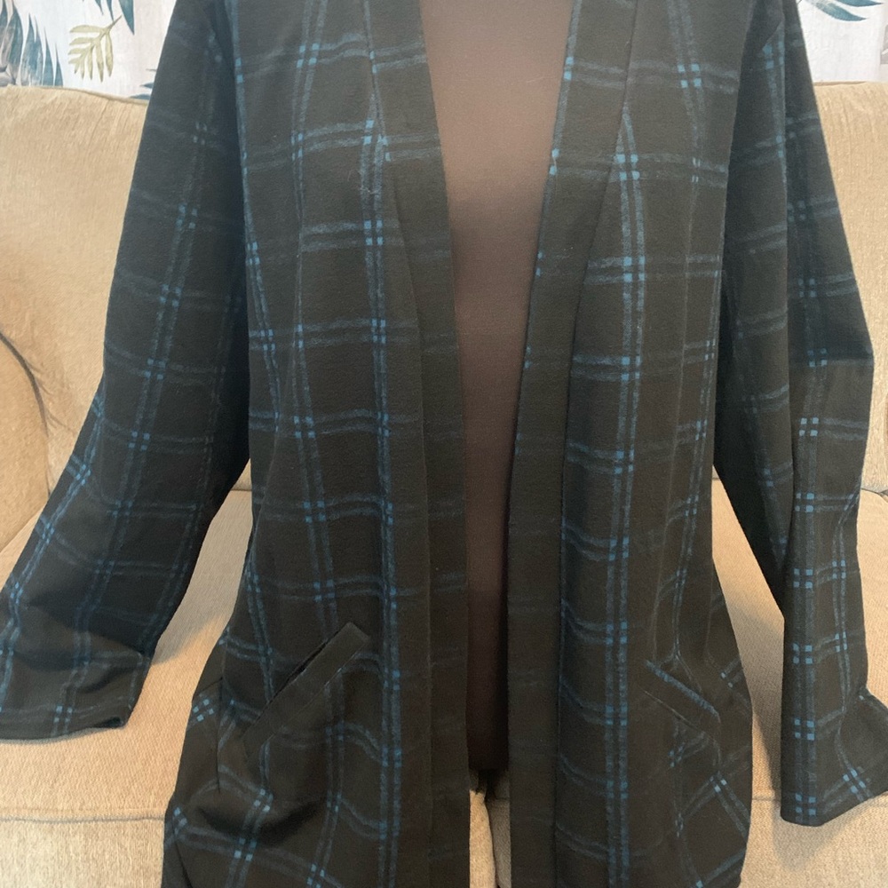 Plaid Open-Front Sweater - Black and Blue